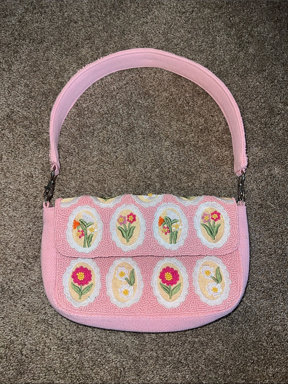 America & Beyond Pink Floral Beaded Shoulder Bag